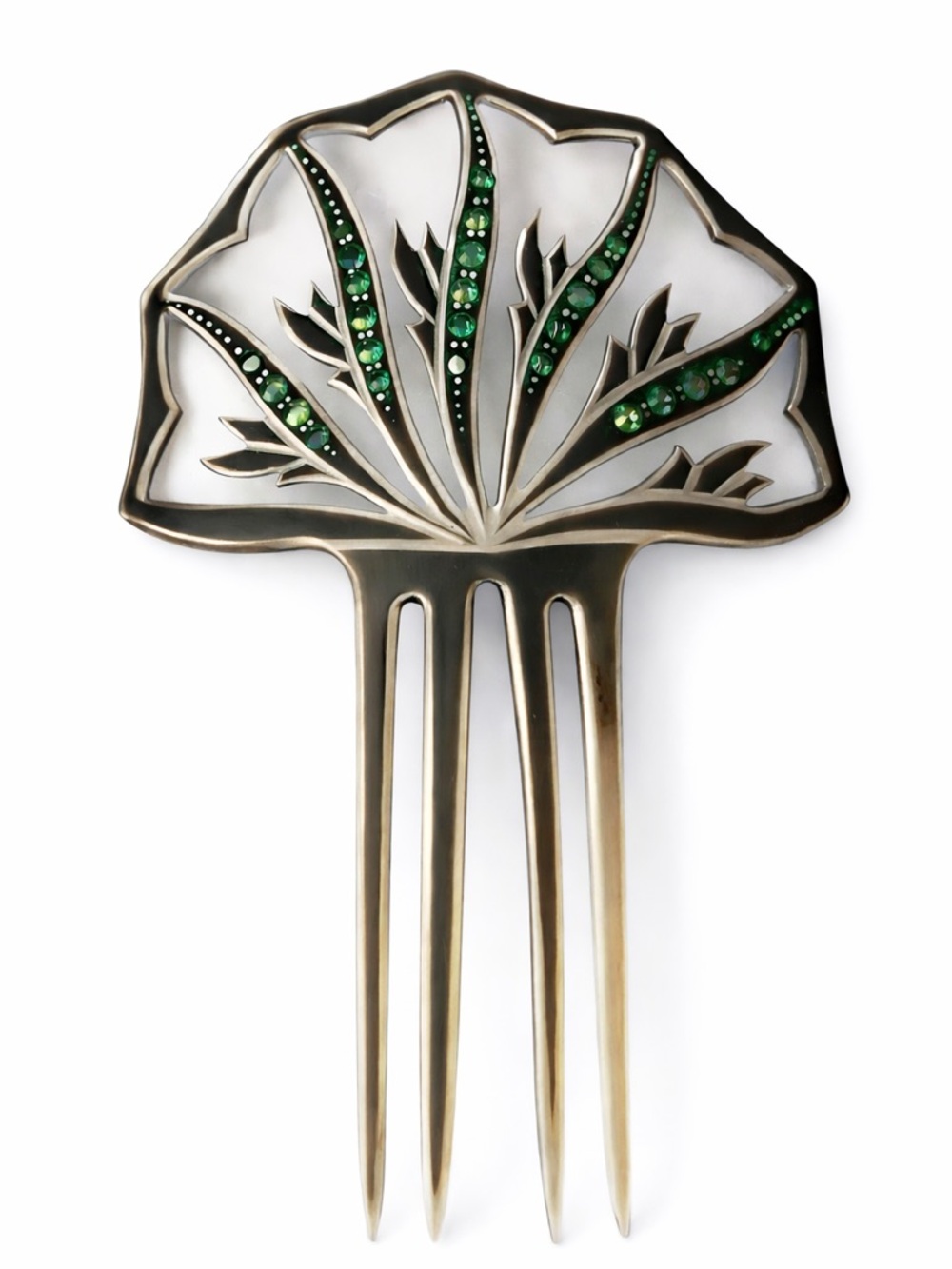 Art Deco celluloid vintage hair comb- green rhinestones, ponytail or bun-